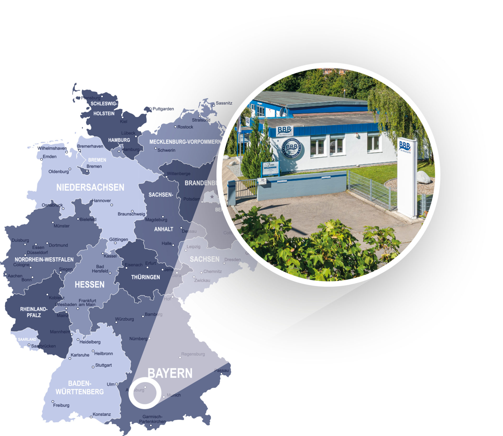 Deutschlandkarte mit Fokus auf den Firmensitz in Bobingen.